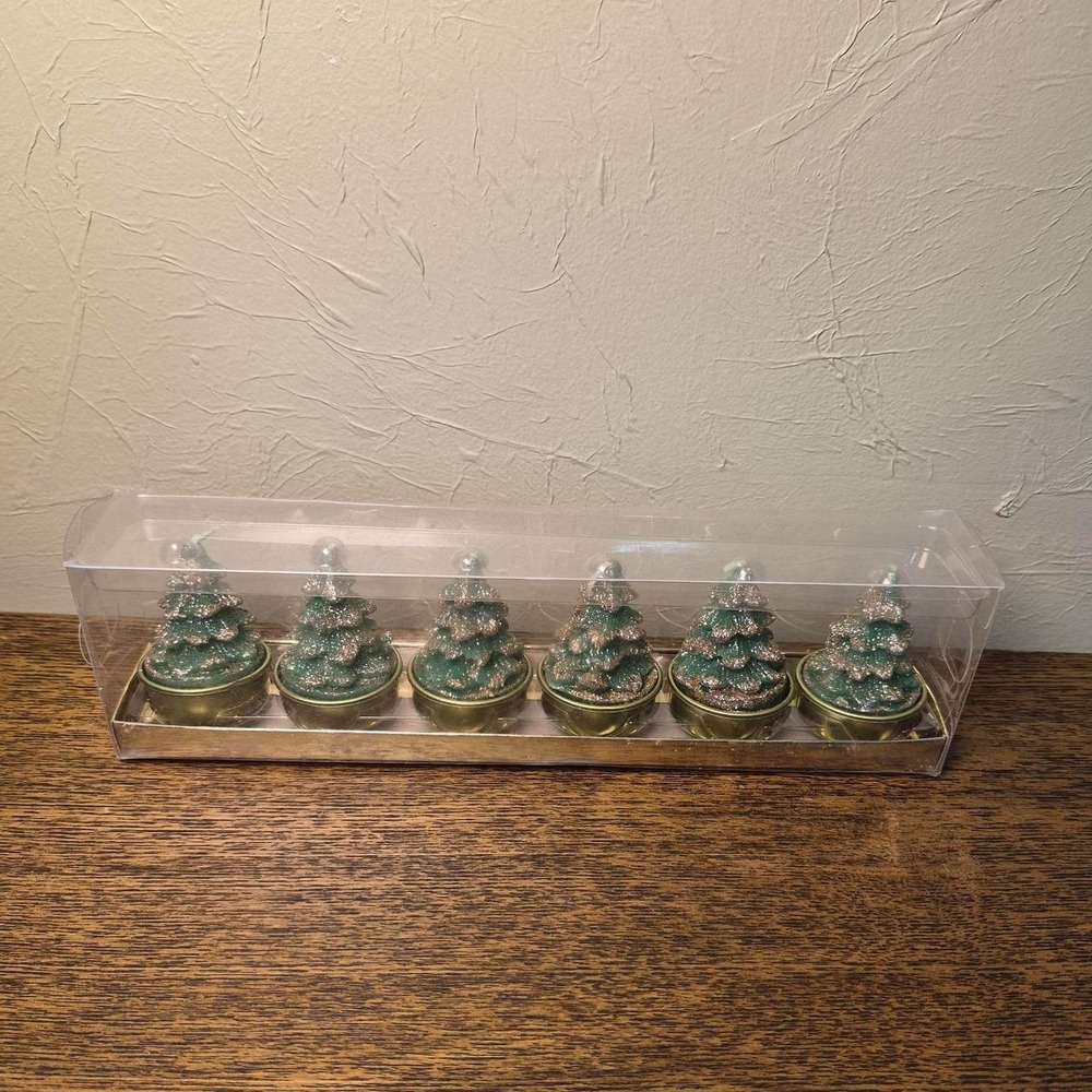 Green Christmas tree candles with gold glitter